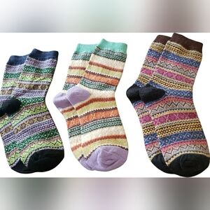 Socks Fair Isle Artisy Cozy Nordic Granny Wool Cotton Knit Comfy  Set 3 M/L New